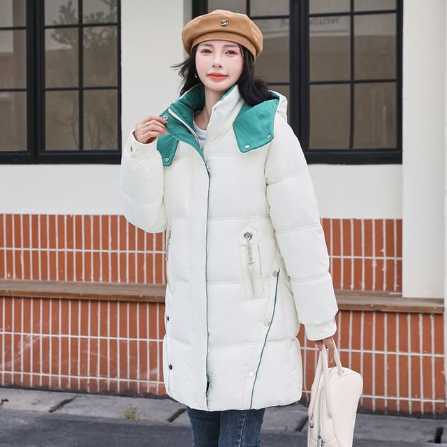 Hooded Two Tone Plain Puffer Coat