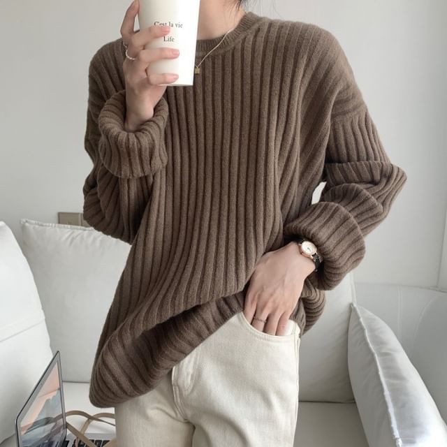 Crew Ribbed Sweater Plain Neck