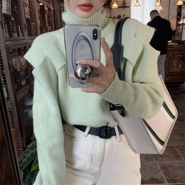 Loose-Fit Cold-Shoulder Plain Turtleneck Sweater