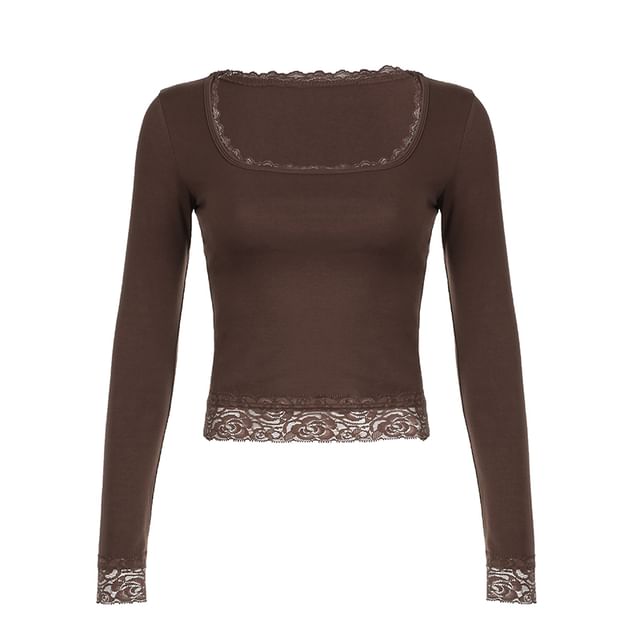 Cropped Top Lace Long-Sleeve Square-Neck