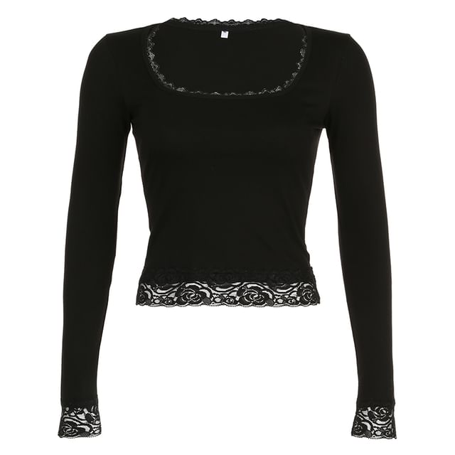 Cropped Top Lace Long-Sleeve Square-Neck