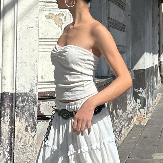 Tube Tiered / Plain Maxi Elastic Waist Ruffle A-Line Top Skirt