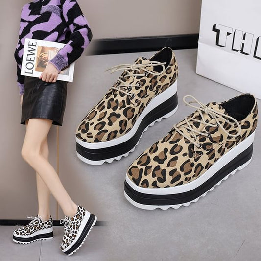 Shoes Lace-Up Print Platform Leopard