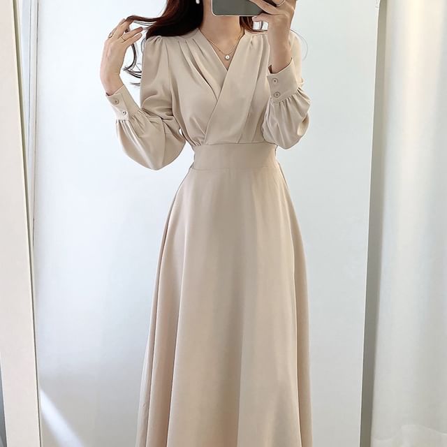 Long-Sleeve V-Neck Plain Midi A-Line Dress