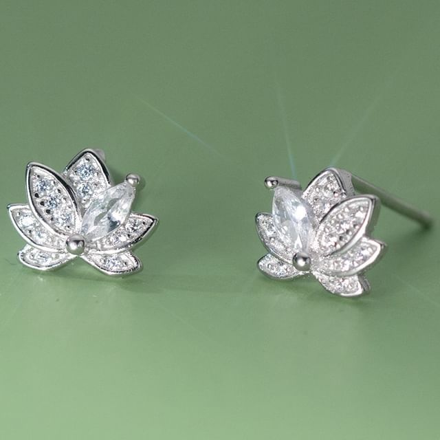 925 Sterling Silver Rhinestone Lotus Stud Earring