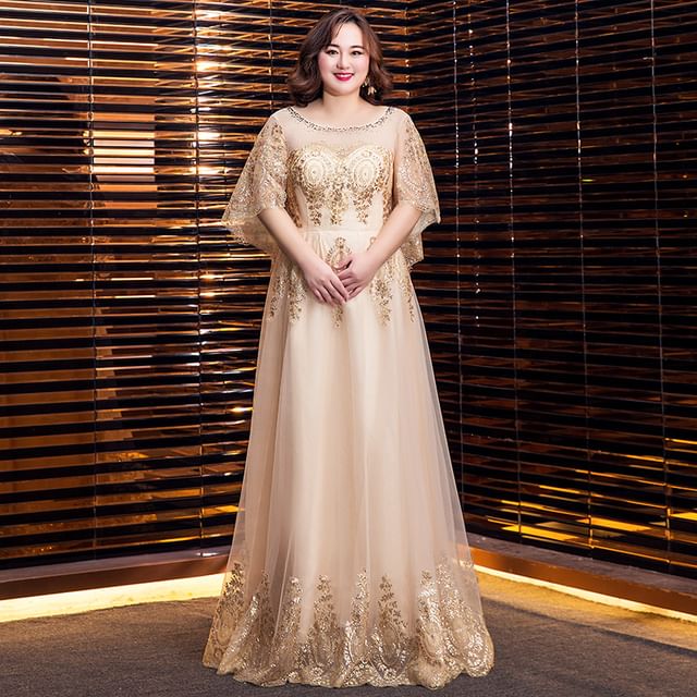 Shiny V-Neck Gown Short-Sleeve Evening Plus A-Line Size