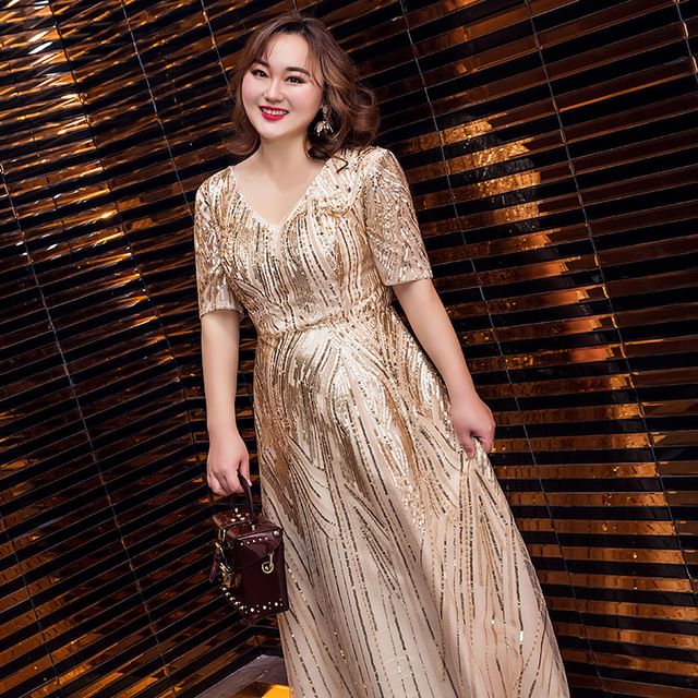 Shiny V-Neck Gown Short-Sleeve Evening Plus A-Line Size