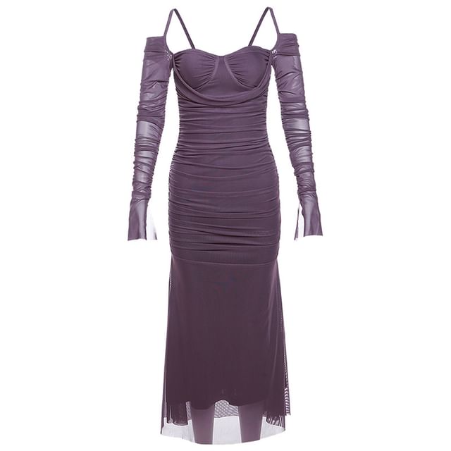 Cold Long-Sleeve Plain Sheath Shoulder Ruched Midi Dress