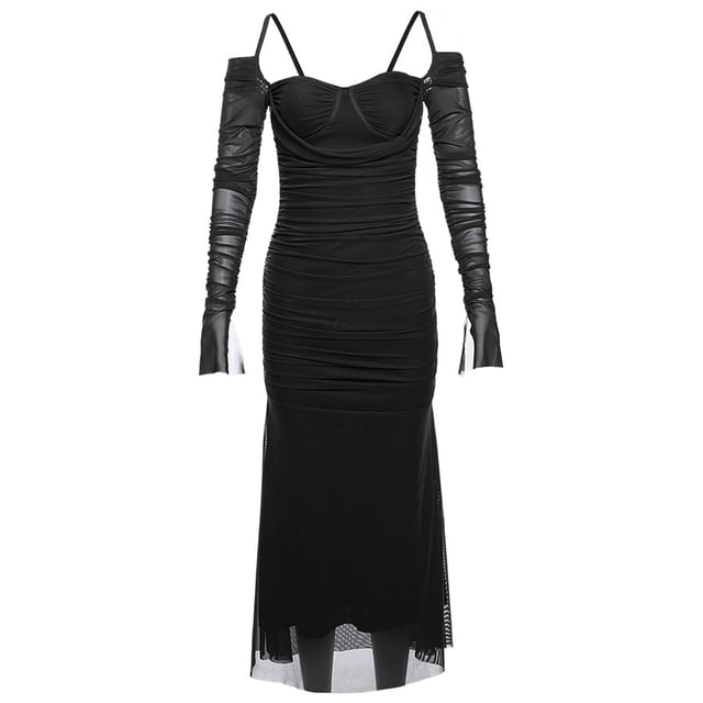 Cold Long-Sleeve Plain Sheath Shoulder Ruched Midi Dress