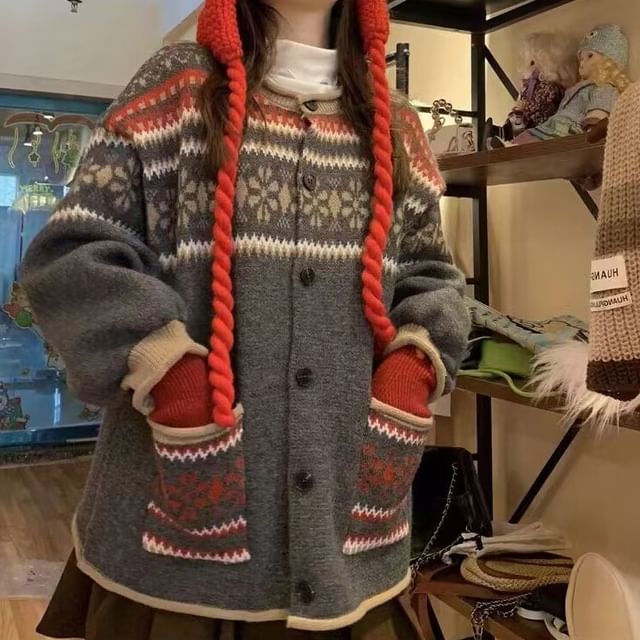 Pattern Button-Up Crewneck Cardigan