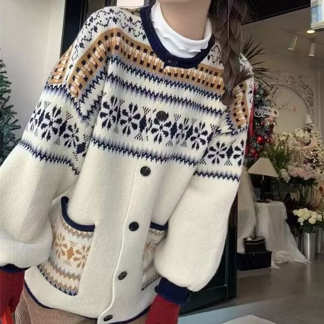 Pattern Button-Up Crewneck Cardigan