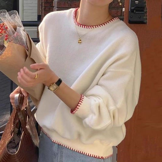 Crew Neck Plain Contrast Stitching Sweater