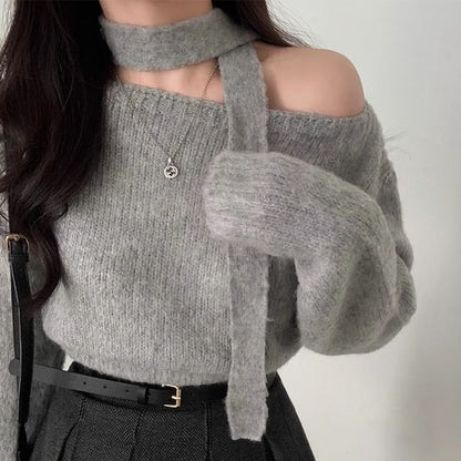 Set: Off-Shoulder Plain Sweater + Scarf