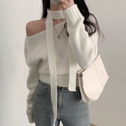 Set: Off-Shoulder Plain Sweater + Scarf