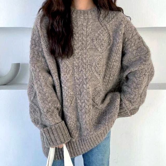 Knit Crew Plain Sweater Cable Neck Long-Sleeve