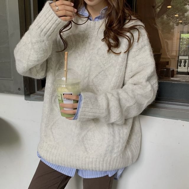 Knit Crew Plain Sweater Cable Neck Long-Sleeve