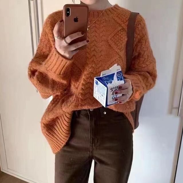 Knit Crew Plain Sweater Cable Neck Long-Sleeve