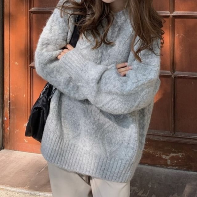 Knit Crew Plain Sweater Cable Neck Long-Sleeve