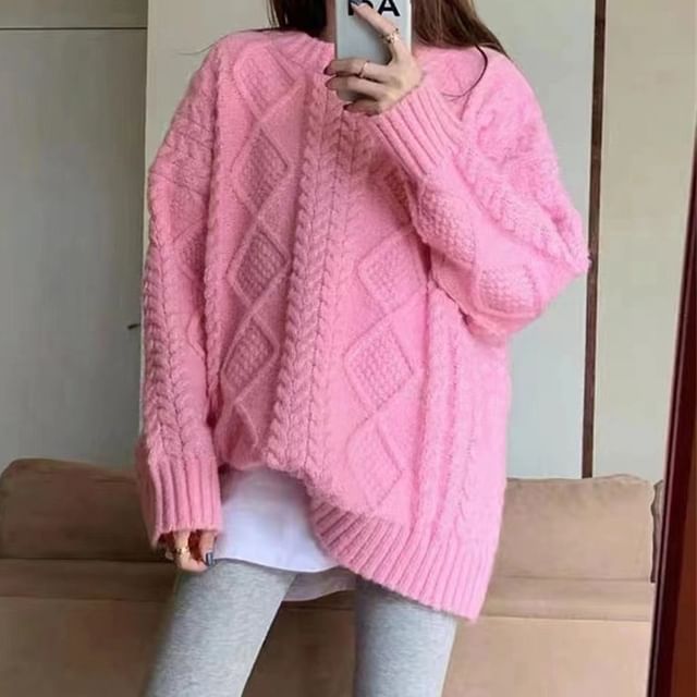 Knit Crew Plain Sweater Cable Neck Long-Sleeve