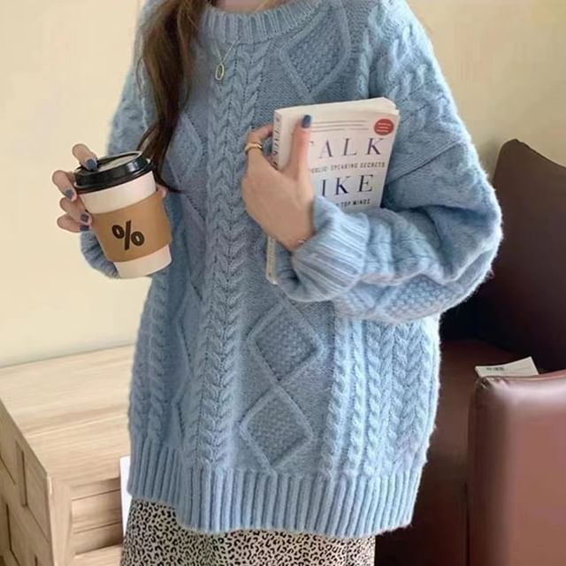 Knit Crew Plain Sweater Cable Neck Long-Sleeve