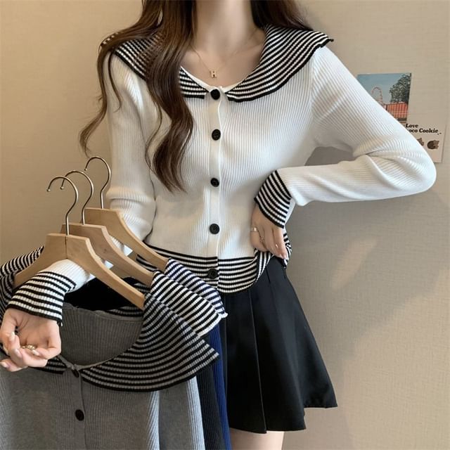 Top Collar Ribbed Button Knit Long-Sleeve Panel Striped