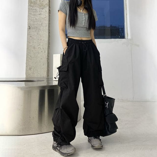 Pants Waist Drawstring Wide Leg Cargo Plain