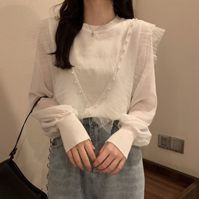 Ruffle Knit Crew Pearl Faux Trim Long-Sleeve Neck Plain Top