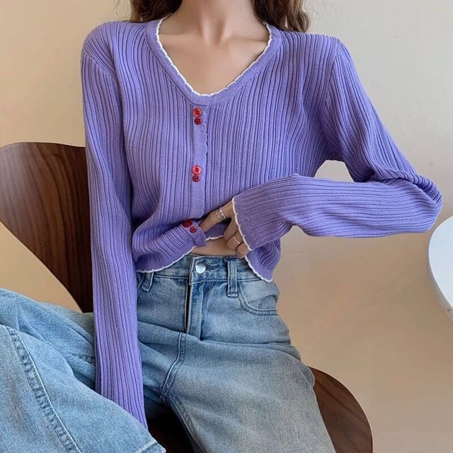 Trim Top Contrast Ribbed Knit Long-Sleeve V-Neck Crop Button
