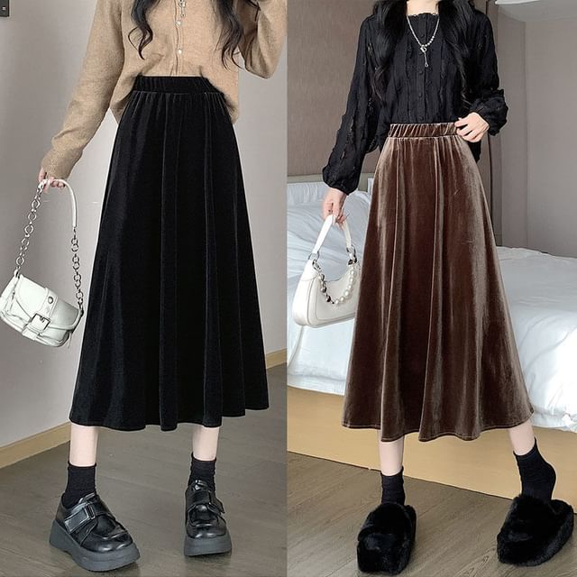 Waist Velvet Plain A-Line Skirt Midi Elastic