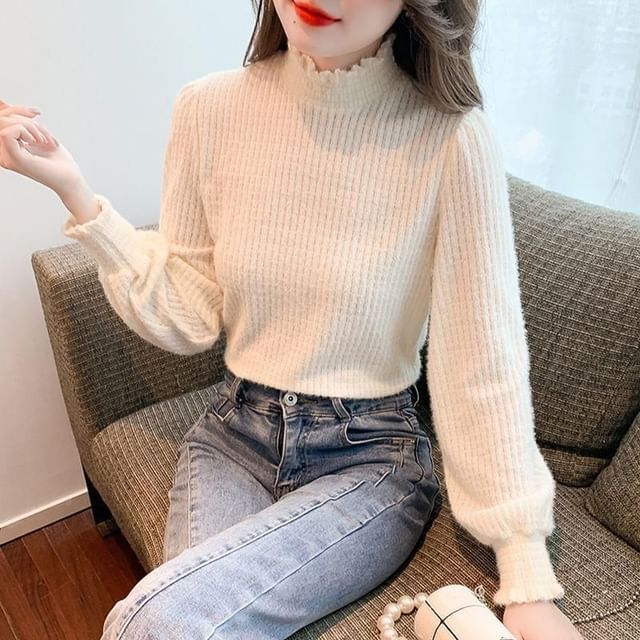 Plain Long-Sleeve Top Mock Neck Lace