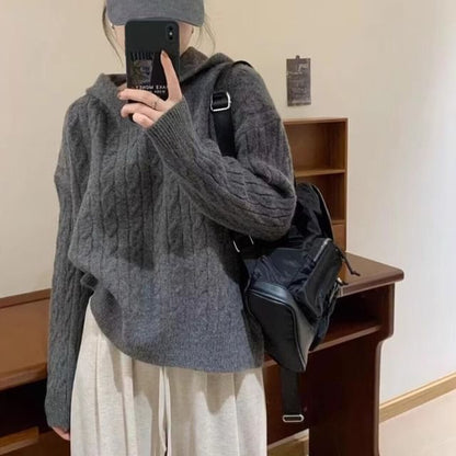 Hooded Plain Cable Knit Sweater