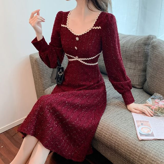 Long-Sleeve Square Neck Glitter Midi A-Line Dress