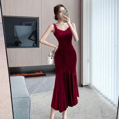 Spaghetti Strap V-Neck Plain Midi Sheath Dress