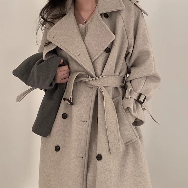 Plain Tie Waist Midi Double-Breasted Coat