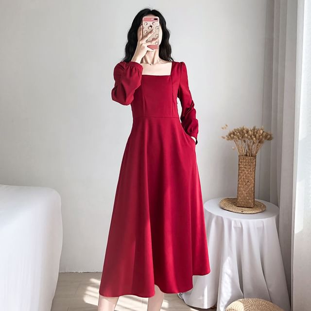 Neck A-Line Dress Long-Sleeve Square Plain Midi