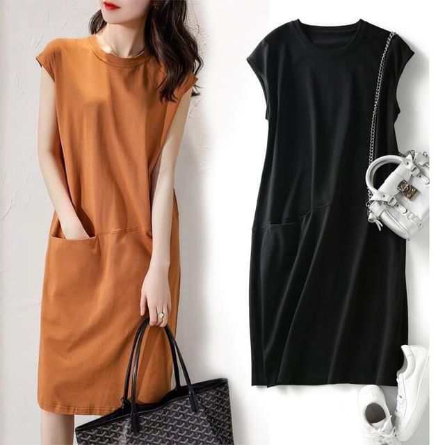 Shift Neck Dress Crew Midi Plain Cap-Sleeve
