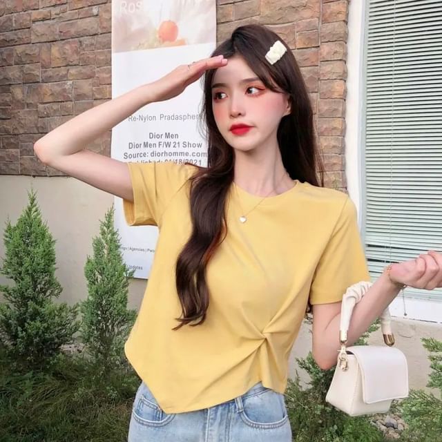 Asymmetrical Plain T-Shirt Short-Sleeve Ruched Neck Crew Crop