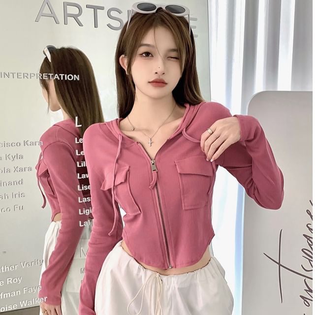 Crop Slim Plain Zip-Up Fit Hoodie