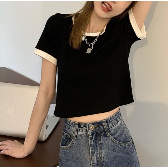 Neck Short-Sleeve Crop Crew T-Shirt Contrast Trim