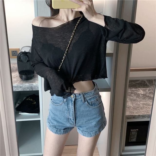 Plain Crop Long-Sleeve Off-Shoulder T-Shirt Sheer
