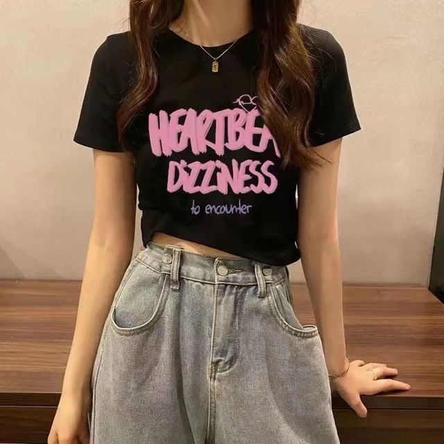 Lettering T-Shirt Crop Print Neck Crew Short-Sleeve