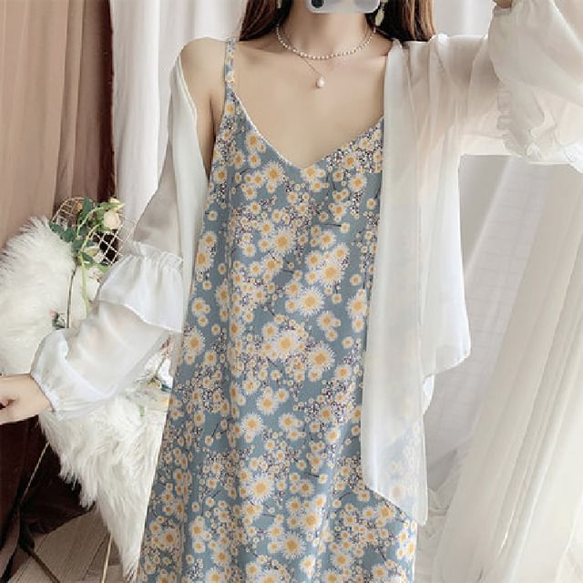 V-Neck Floral Midi Dress Strap Shift Spaghetti Print