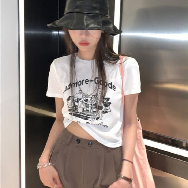 Lettering Crop T-Shirt Neck Crew Short-Sleeve Print