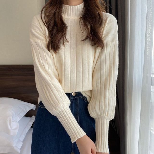 Ribbed Neck Sweater Mock Plain