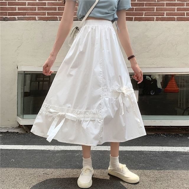 Elastic Plain A-Line Waist Midi Skirt Panel Bow