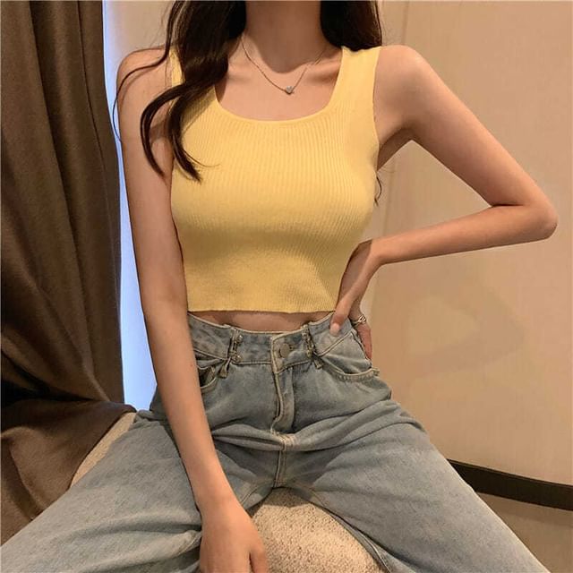 Top Square Ribbed Plain Knit Tank Neck