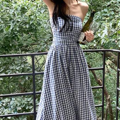 Plaid Ruched Maxi A-Line Tube Dress