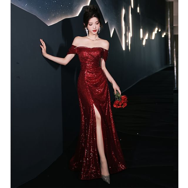 Gown Slit Neck Plain A-Line Sequin Square Evening Short-Sleeve