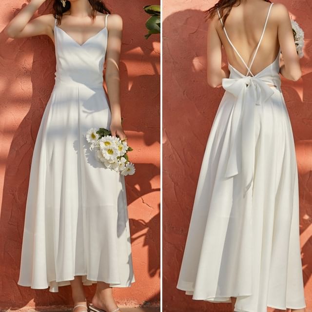A-Line Spaghetti Maxi Plain Dress V-Neck Strap
