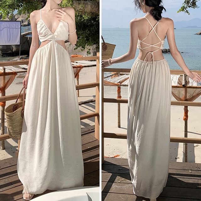 Cutout A-Line Spaghetti Strap Dress Maxi V-Neck Plain